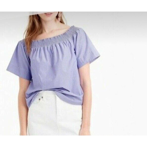 J Crew Top Women's 00 Blue Short Sleeve Blouse Off The Shoulder Nautical - Picture 1 of 7
